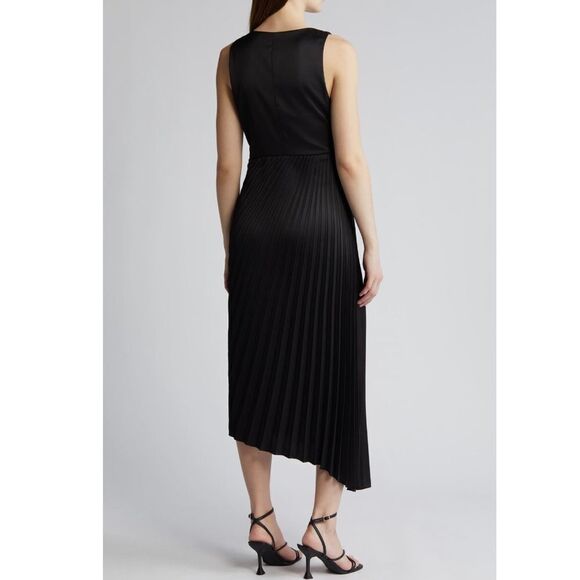 Sam Edelman‎ Pleated Asymmetric Hem Satin Dress, Classic Black, Size 10, NWT - Picture 3 of 6
